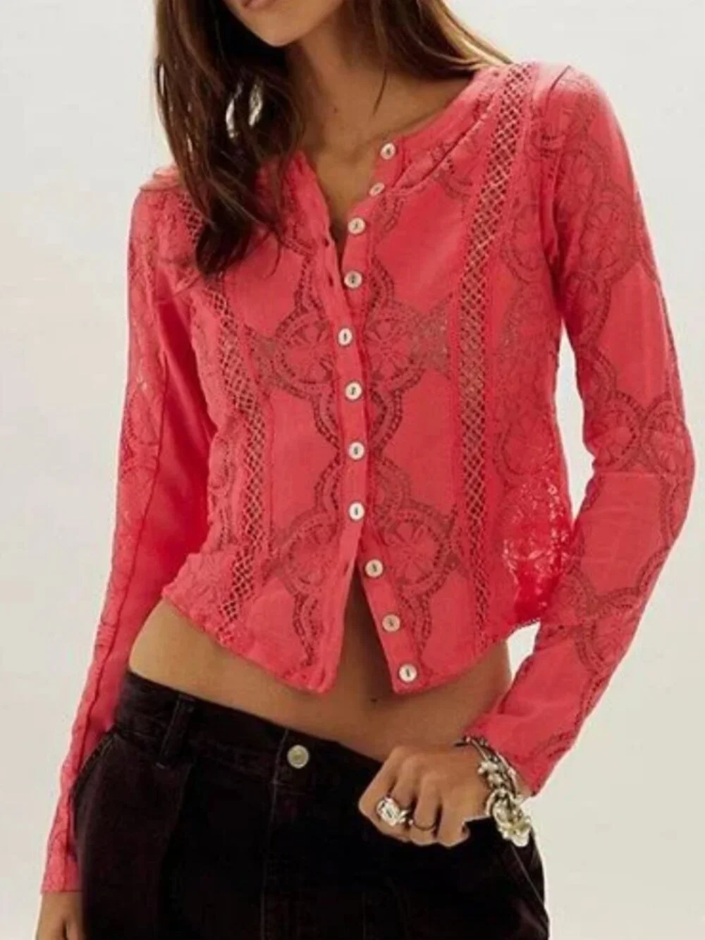 NWT Free People Jae Sheer Lace Knit Long Sleeve Top in Retro Red